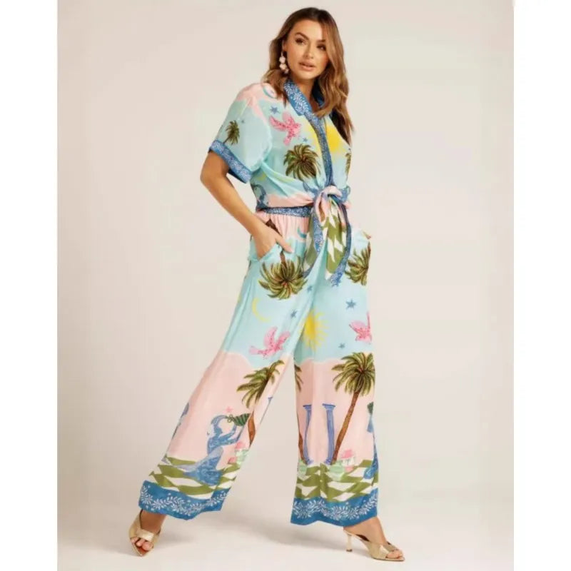 Pants Sets For Women 2025 Summer Fashion Printed Half Sleeve Shirt Suits Casual Loose High Waisted Female Wide Leg Pants Outfits
