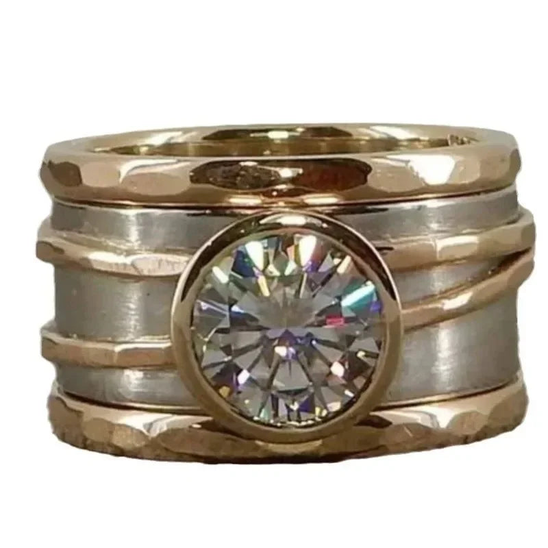 Personalized fashion new heavy industry wide-face inlaid zircon two-color electroplated men's and women's rings