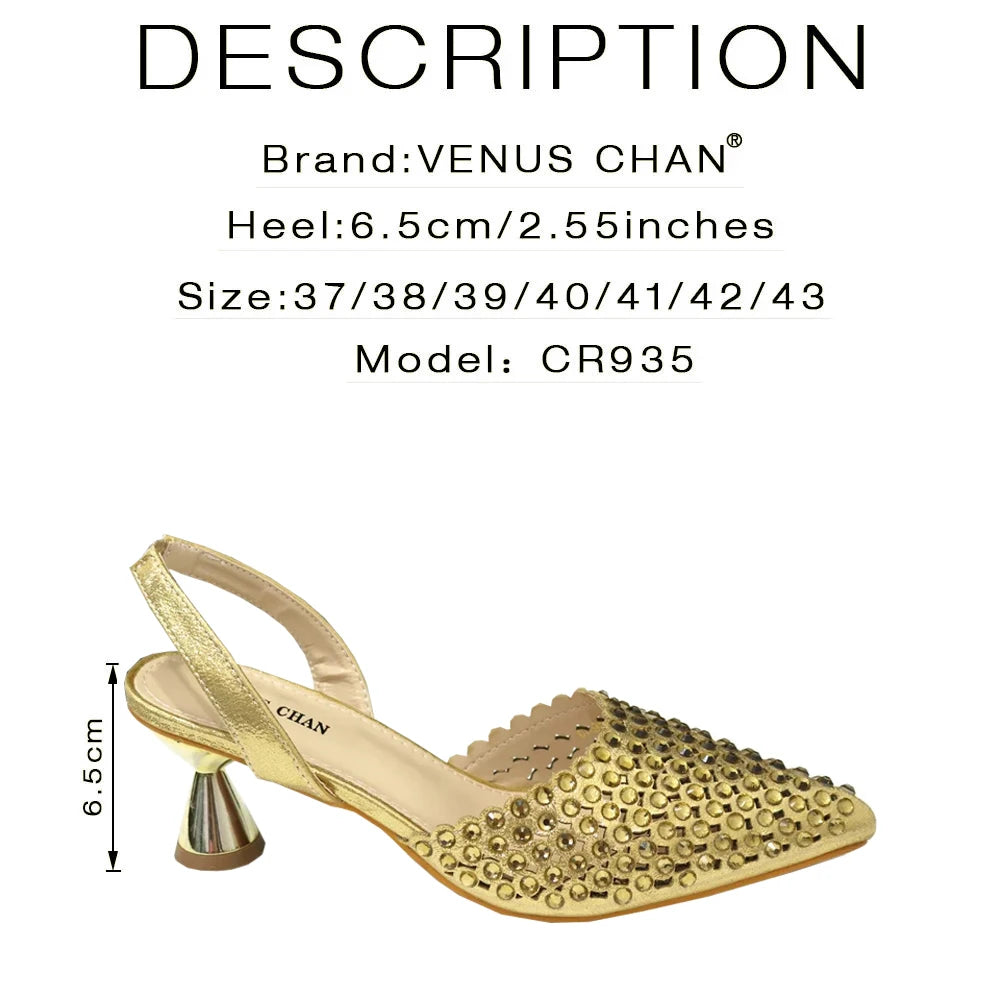 Popularity Pointed Toe Heels for Women 2024 Elegant Party Golden Color Full Diamond Pumps Italian Shoes and Bags Matching Set