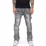 Trendy Men Jeans, European and American Fashionable Workwear with Patch, Elastic, Laminated and Slightly Flared Men Denim Pants.