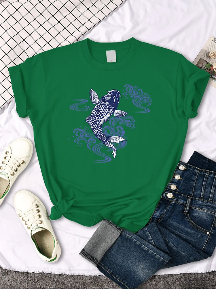 Tshirt For Woman Paper Cut Koi Good Luck Printing Womens T Shirt Kawaii Fashion Women Top Roud Neck Breathable Tshirts For Women