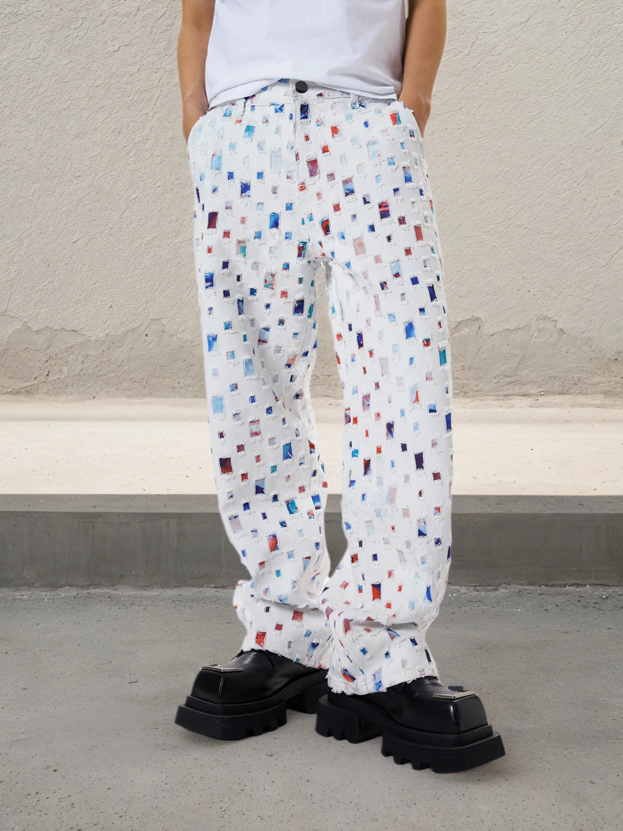 Straight Leg Streetwear White Baggy Jeans for Men Loose Fit Denim Pants Mid Waist Trousers