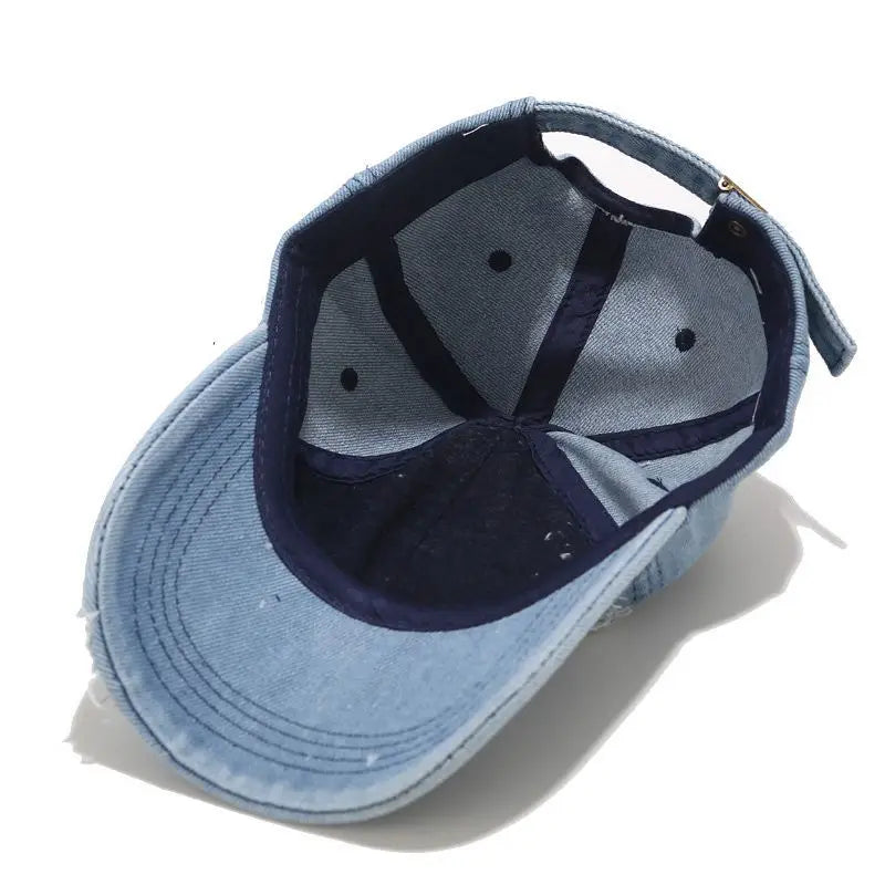 Baseball cap for men in spring and summer, fashionable European and American washed hole denim duckbill cap, outdoor casual sun