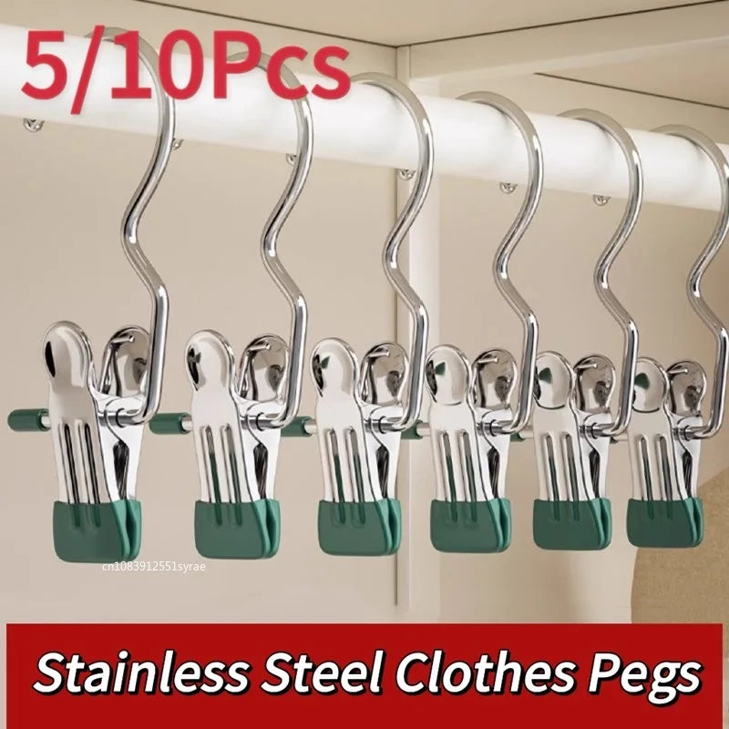 10/5PCS Stainless Steel Clothespins Laundry Clothes Pegs with Hook Pants Hanger Portable Hanging Clips Closet Clothes Organizer