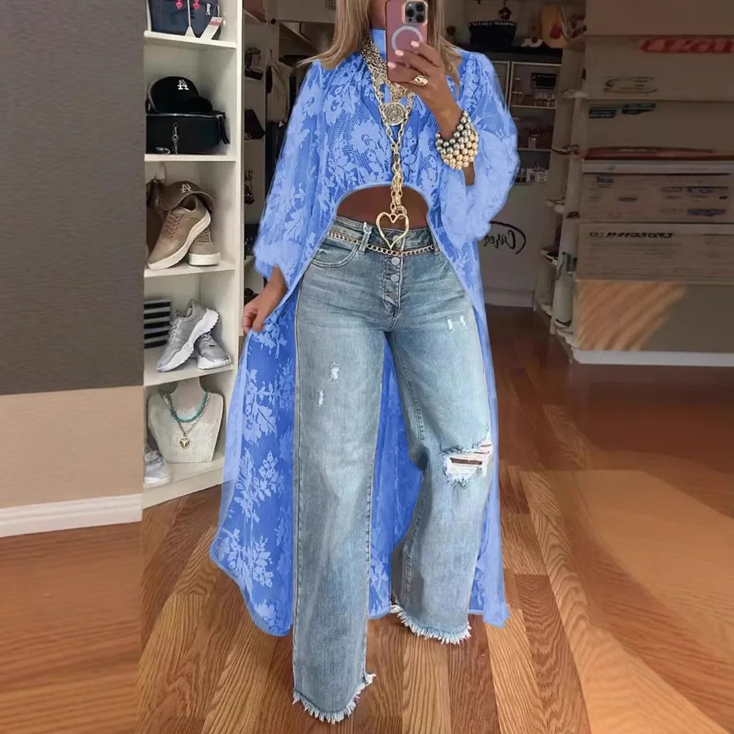 Spring Summer Fashion Solid Color Lace Blouses Women Sexy Perspective High Neck Irregular Holiday Tops Elegant Dress Women Y2k