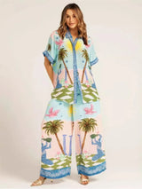 Pants Sets For Women 2025 Summer Fashion Printed Half Sleeve Shirt Suits Casual Loose High Waisted Female Wide Leg Pants Outfits