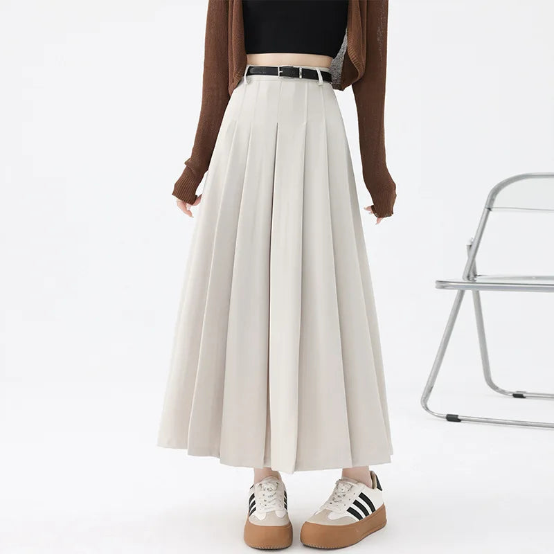 Fashion Skirts for Women Elegant Skirts with Belt Women Pleated Skirts Vintage Long Skirts for Women Clothing Female Streetwear