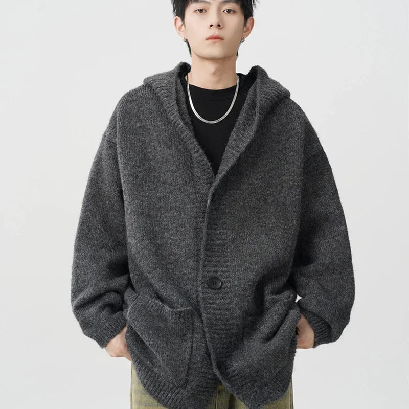 Spring Gray Woollen Knitted Cardigan Hooded Sweater For Men Pockets Korean Fashion Knitwear Jacket Y2K Vintage Jumpers Hombre