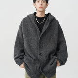 Spring Gray Woollen Knitted Cardigan Hooded Sweater For Men Pockets Korean Fashion Knitwear Jacket Y2K Vintage Jumpers Hombre