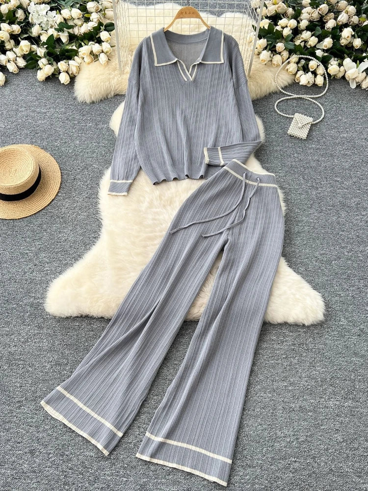 Pant Set Women Two Piece Sets Full Sleeve Turn Down Collar Tops Wide Leg Long Pants Y2k Streetwear Work High Waist Autumn Winter