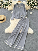 Pant Set Women Two Piece Sets Full Sleeve Turn Down Collar Tops Wide Leg Long Pants Y2k Streetwear Work High Waist Autumn Winter