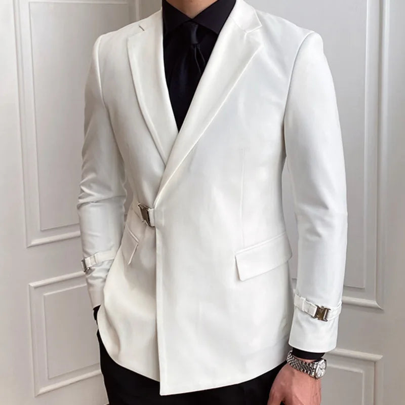 Solid Metal Buckle Decoration Blazer For Men Party Banquet Blazer Casual Slim Fit Suits By Italian Designers (only Blazers)
