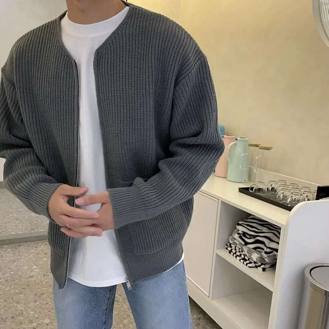 Man Clothes Casual Cardigan Knitted Sweaters for Men Solid Color with Pockets Crewneck Zip-up Round Collar Plain Zipper Order S