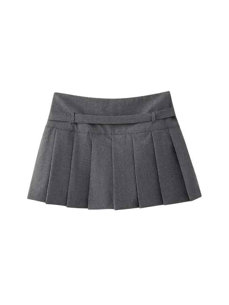 TRZA-Pleated Shorts Skirts for Women, With Belt,Side Zipper, Mid Waist, Female Skort,Fashion