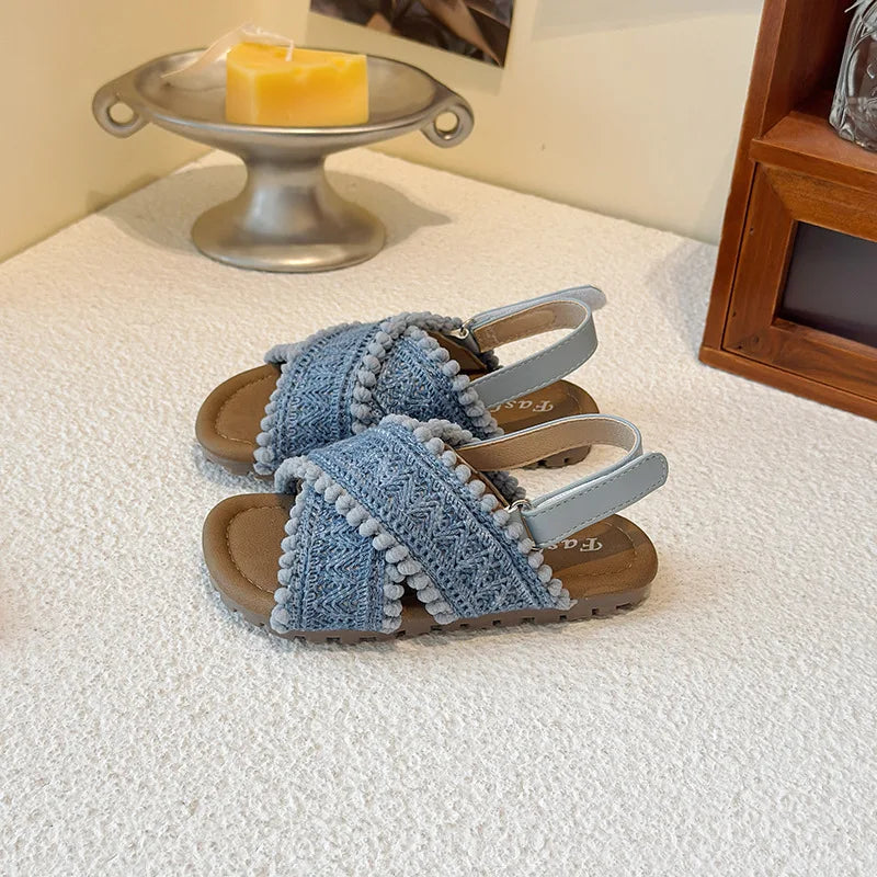 Girls Sandals Weave Retro Ins Trendy Kids Beach Shoes Korean Style 2025 Summer New Children Casual Shoes Slippers Non-slip