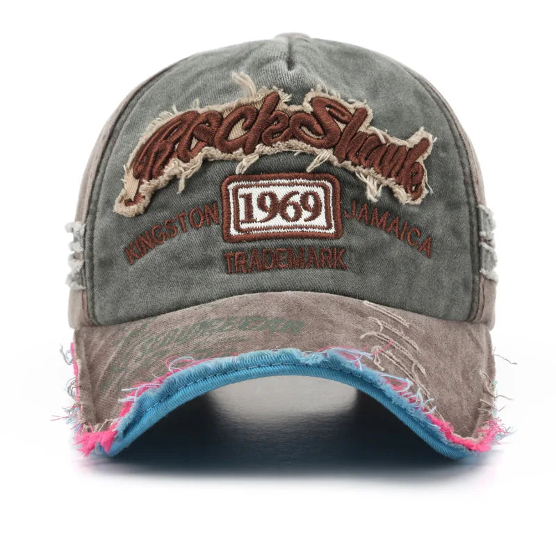 1969 vintage washed vintage letter embroidered perforated duckbill cap for men and women sun shading baseball cap