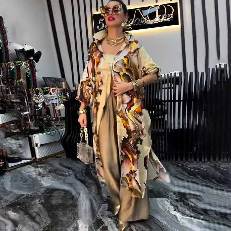 Women Pant Sets Print Shirts Two Piece Single Breasted Long Cardigan Fulls Sleeve Spliced Elegant High Waist Pants Office Lady