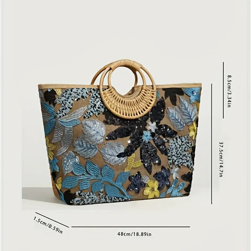 Women's Tote Bag Bead Flower Round Hand Weave Capacity Large Tote Bag Beach Bag