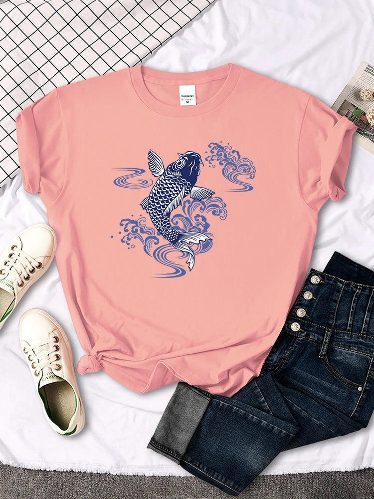 Tshirt For Woman Paper Cut Koi Good Luck Printing Womens T Shirt Kawaii Fashion Women Top Roud Neck Breathable Tshirts For Women
