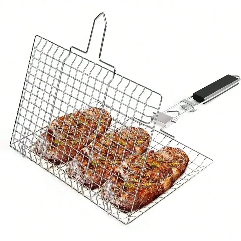 1pc Folding Outdoor Camping Stainless Steel BBQ Rack With Removable Handle Grilling Basket Barbeque Griller Cooking Tools
