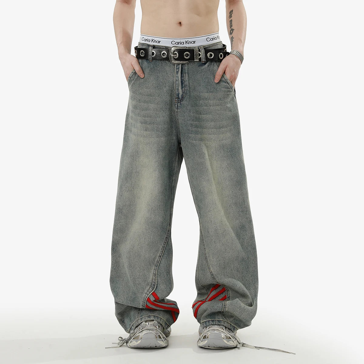 REBELOASIS American retro baggy wide leg jeans for men and women  loose casual striped washed long pants