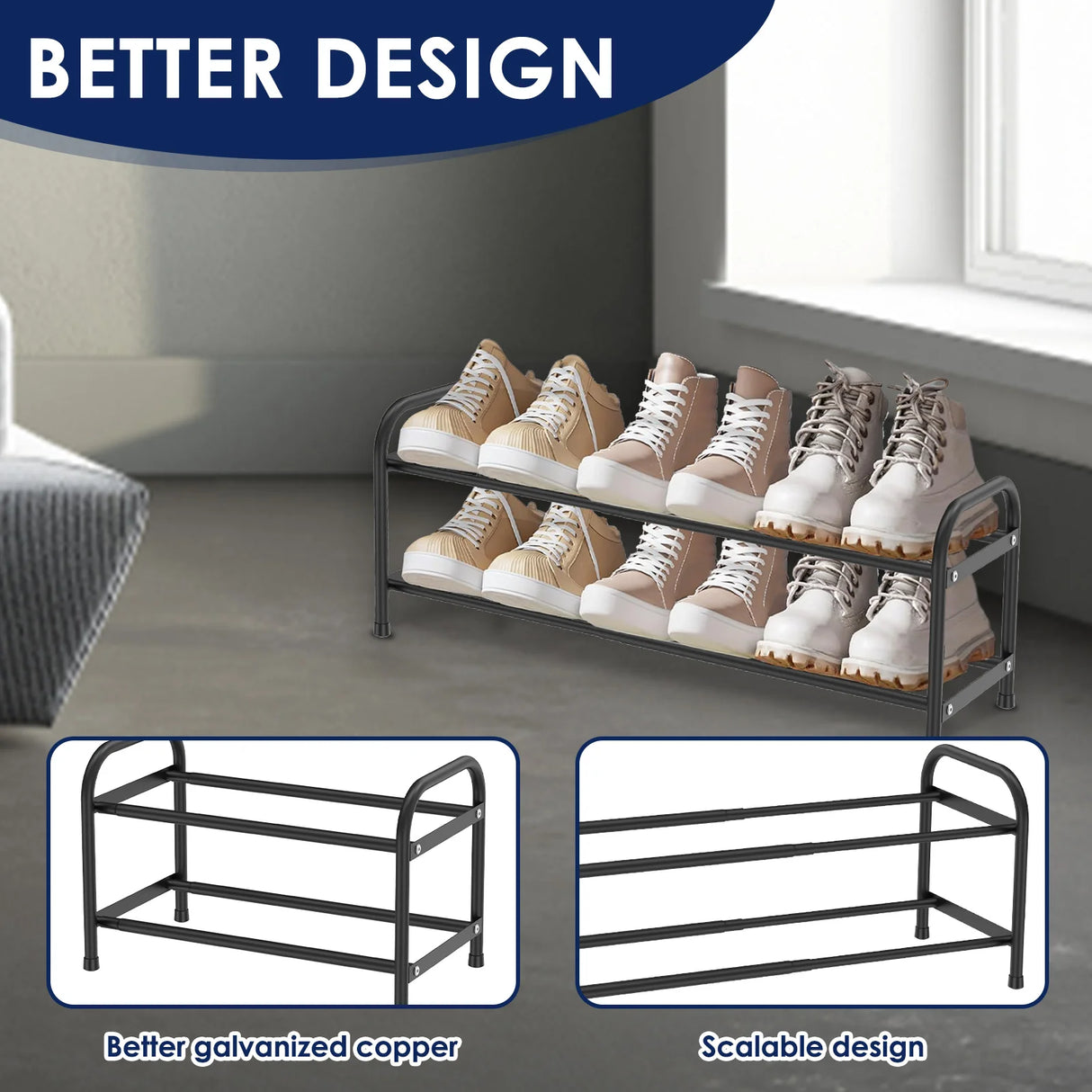 2/3 Tier Shoe Racks Stackable Expandable Shoe Rack Adjustable Metal Shoe Organizer  for Entryway Hallway Front Door Entrance