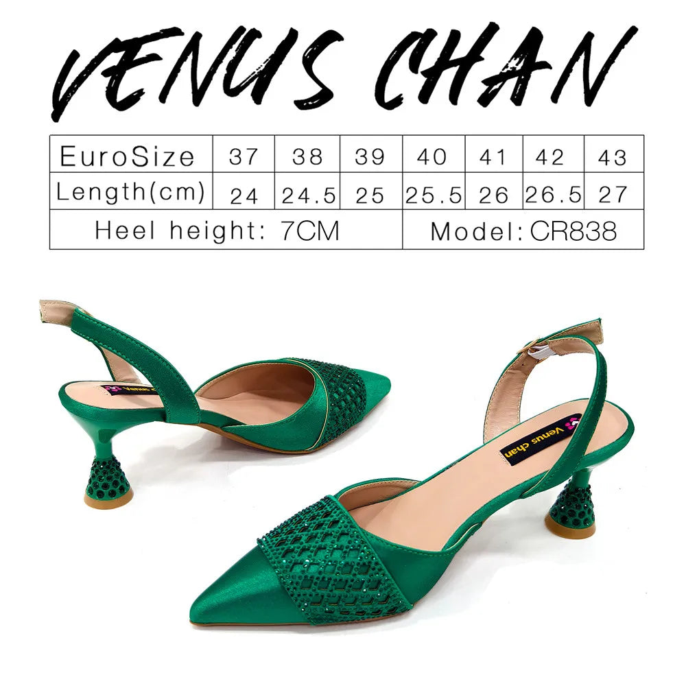 2025 Heel Shoes for Women Hollowed Out Embroidery Rhinestone Italian Design Green Color Pointed-Toe Shoes and Bags Set