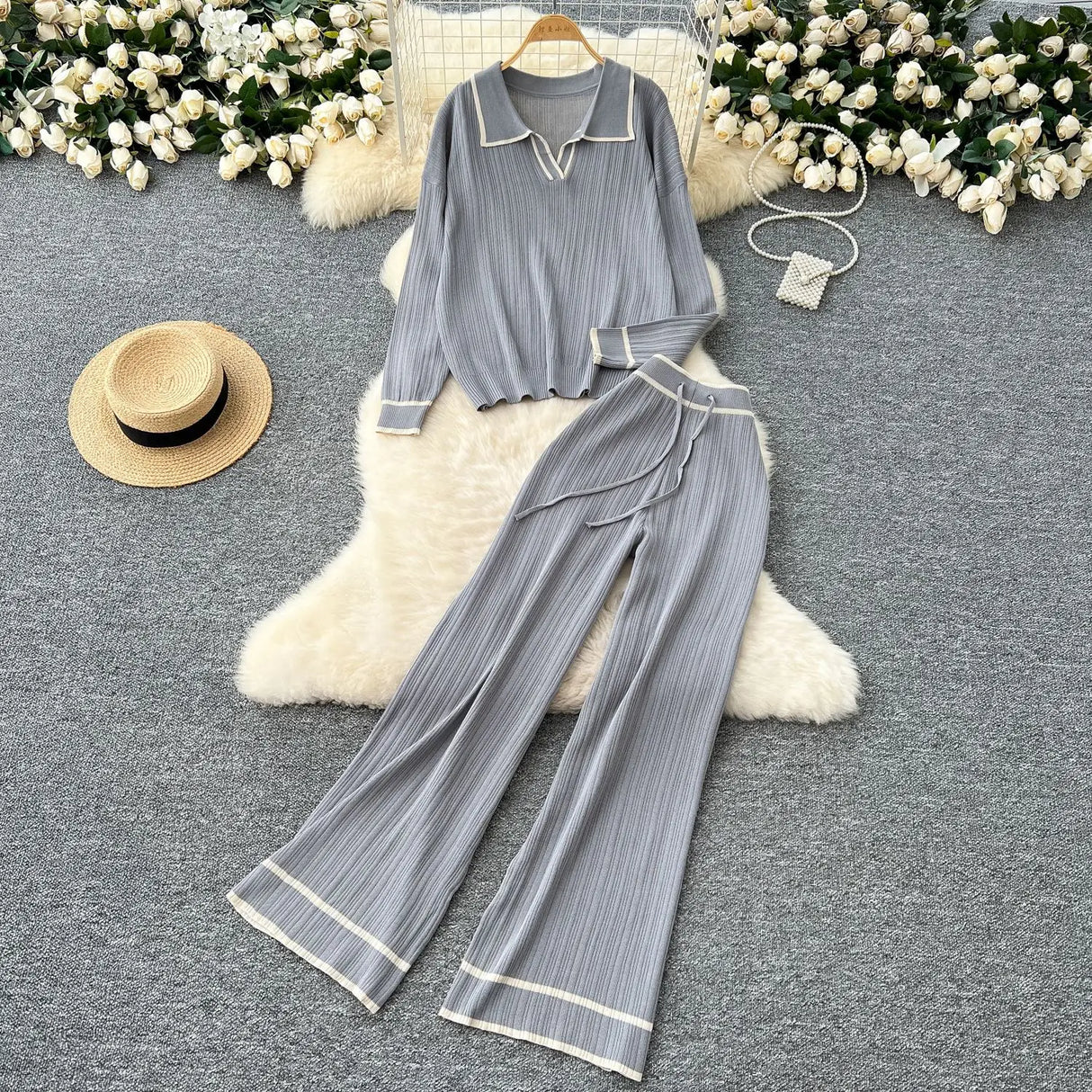 Pant Set Women Two Piece Sets Full Sleeve Turn Down Collar Tops Wide Leg Long Pants Y2k Streetwear Work High Waist Autumn Winter
