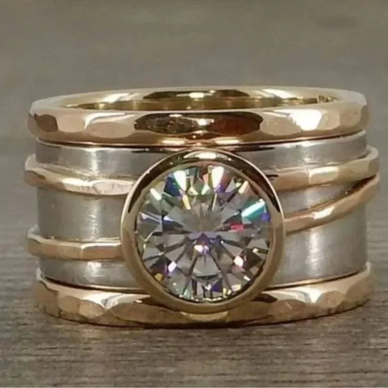 Personalized fashion new heavy industry wide-face inlaid zircon two-color electroplated men's and women's rings
