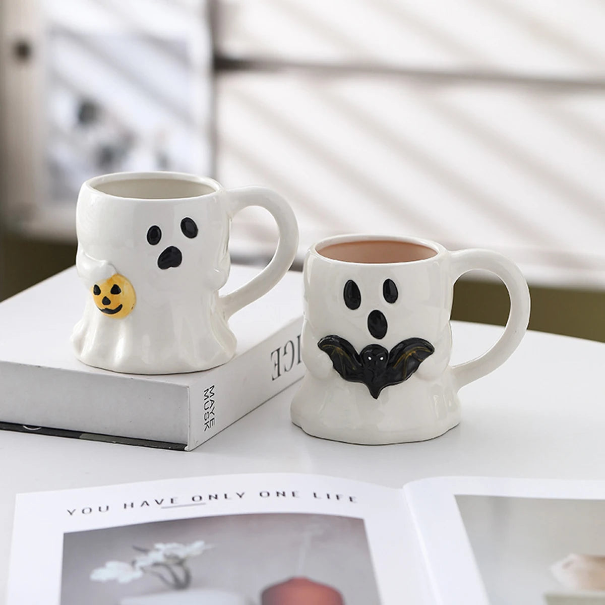 Cute Ghost Pumpkin Halloween Ceramic Mug   Reusable Spooky Coffee Cup with Handle, Halloween Party Gift