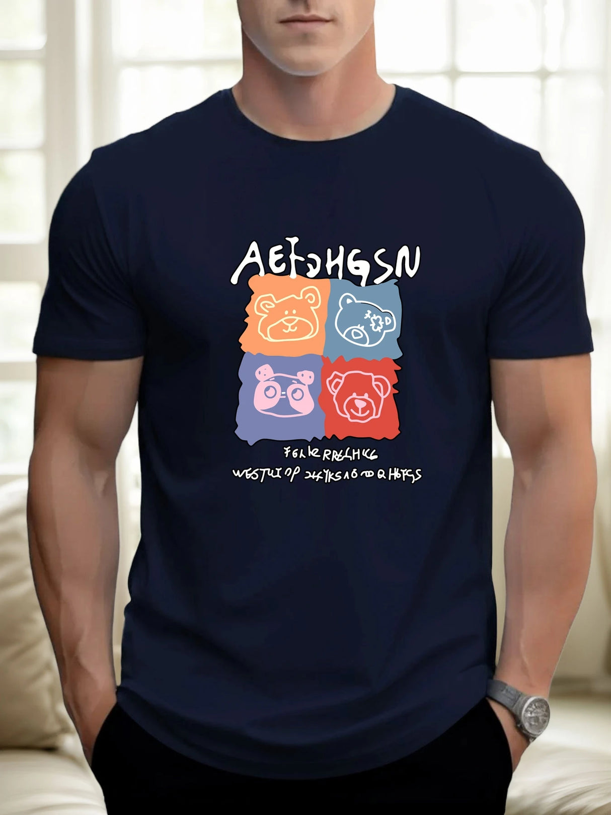 T Shirts For Men Bear 100% Cotton Graphic Printing Summer Round Neck T-Shirt Casual Breathable Street Style Daily Top