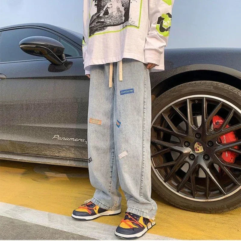 Jeans for Men with Print Trousers Graphic Hip Hop Male Cowboy Pants Light Blue Luxury Y2k Streetwear Aesthetic Harajuku Baggy Xs