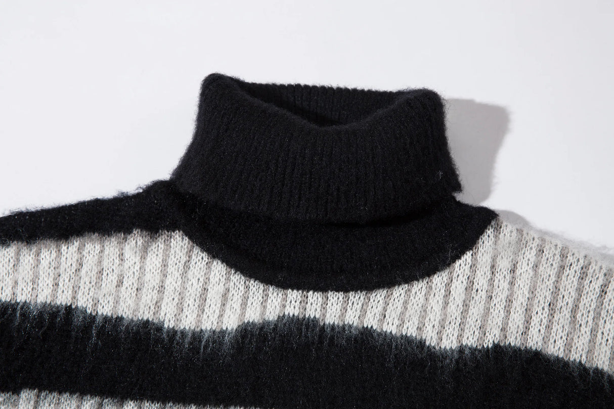 Men Clothing High street hip-hop loose jacquard turtleneck sweater contrast color pullover sweater for men and women