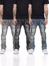 2025 New Trendy Men Jeans, European and American Fashionable Workwear with Patch, Elastic, Laminated and Slightly Flared Men Den