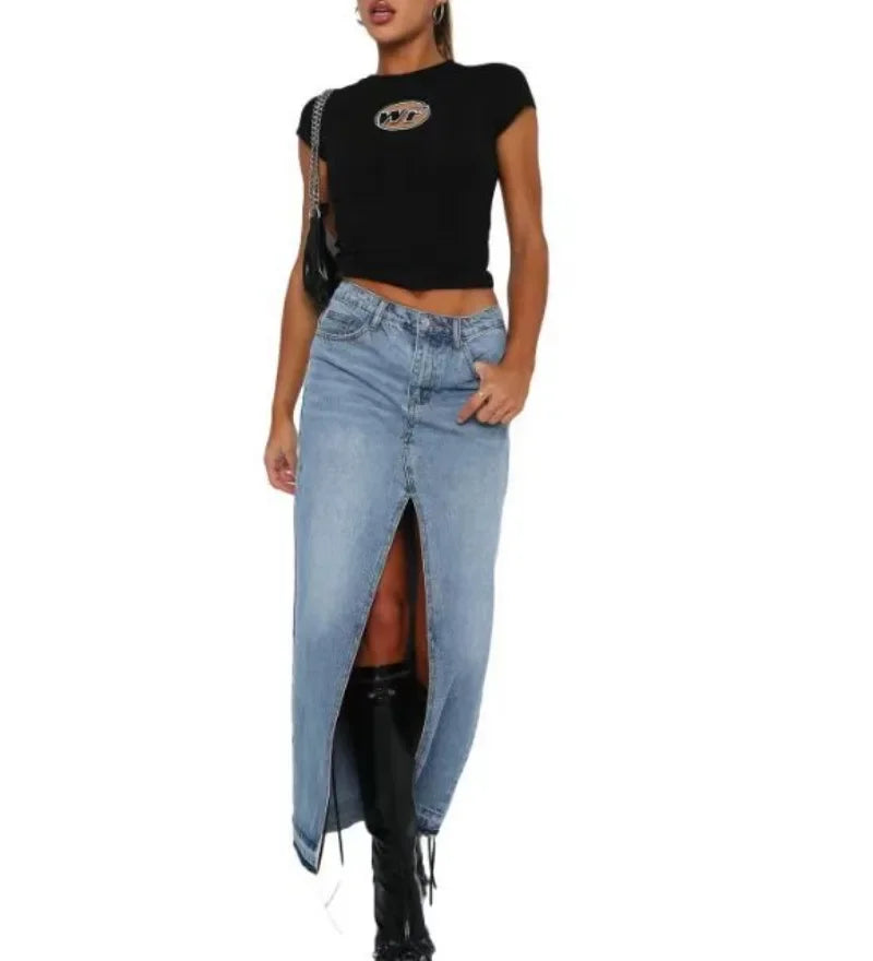 New Women's High Waisted Slit Denim Skirt Fashion Long Half Skirts for Women