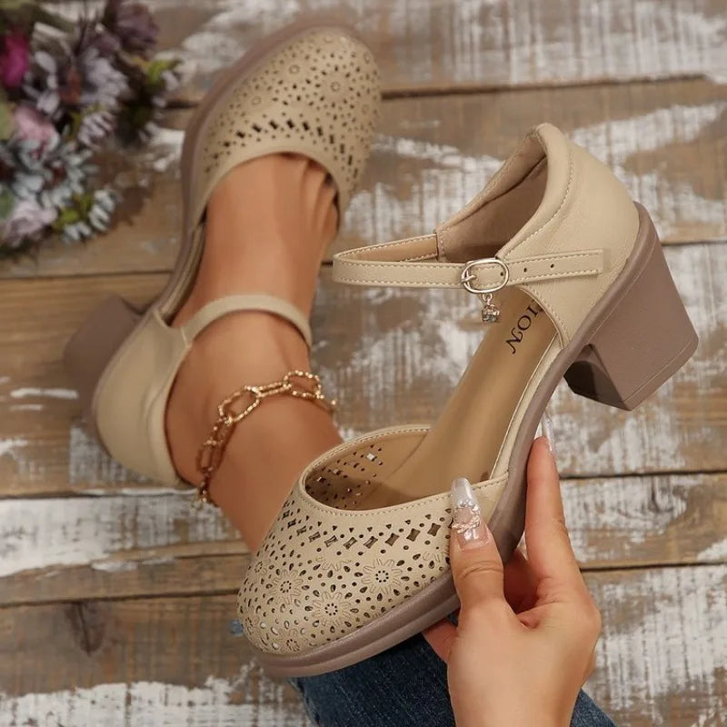Ankle Strap High Heels for Women 2025 Summer Hollow Out Breathable Woman Comfortable Baotou Chunky Heeled Mary Jane Shoes