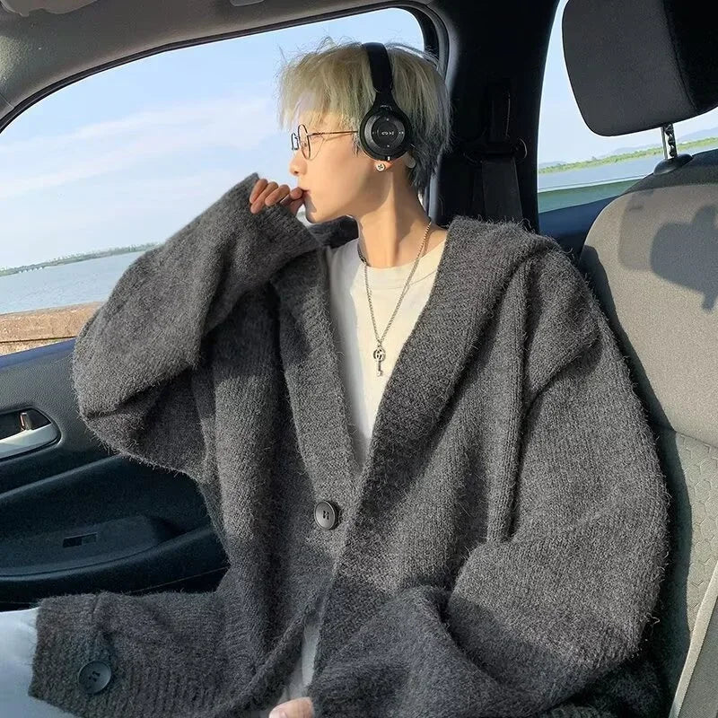 Spring Gray Woollen Knitted Cardigan Hooded Sweater For Men Pockets Korean Fashion Knitwear Jacket Y2K Vintage Jumpers Hombre