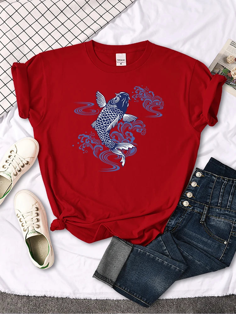 Tshirt For Woman Paper Cut Koi Good Luck Printing Womens T Shirt Kawaii Fashion Women Top Roud Neck Breathable Tshirts For Women