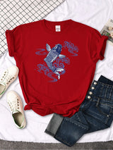 Tshirt For Woman Paper Cut Koi Good Luck Printing Womens T Shirt Kawaii Fashion Women Top Roud Neck Breathable Tshirts For Women