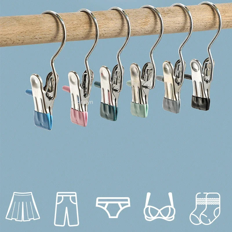 10/5PCS Stainless Steel Clothespins Laundry Clothes Pegs with Hook Pants Hanger Portable Hanging Clips Closet Clothes Organizer