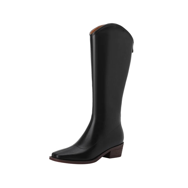 Kaky's New Square Head Cowhide Mid Heel Genuine Leather Cowhide Women's Boots High Sleeve Boots Long Boots Western Boots