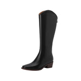 Kaky's New Square Head Cowhide Mid Heel Genuine Leather Cowhide Women's Boots High Sleeve Boots Long Boots Western Boots