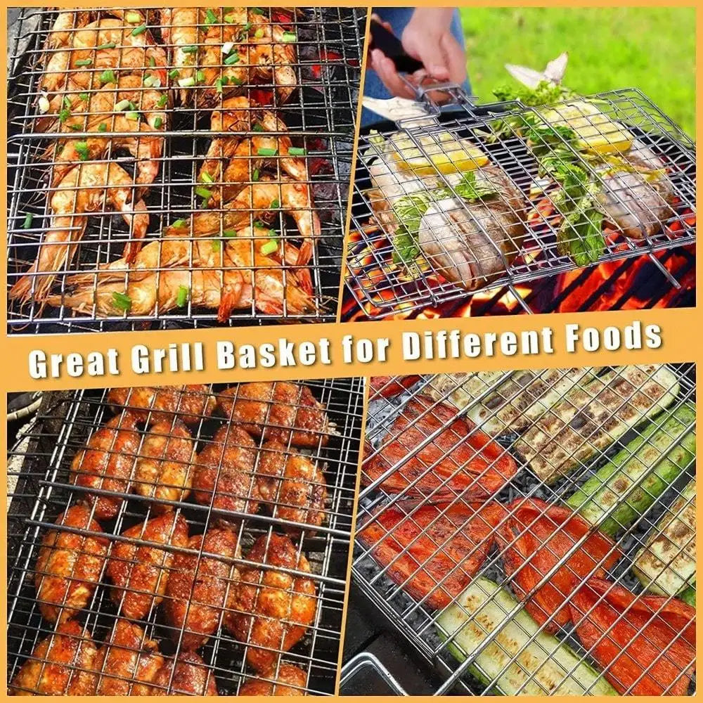 1pc Folding Outdoor Camping Stainless Steel BBQ Rack With Removable Handle Grilling Basket Barbeque Griller Cooking Tools