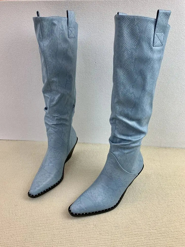Designer Brand New Fall Winter Pointy Toe Thick Heel Serpentine Vintage Boots Botas De Invierno Para Mujer Hot Selling