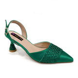 2025 Heel Shoes for Women Hollowed Out Embroidery Rhinestone Italian Design Green Color Pointed-Toe Shoes and Bags Set