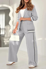 Pant Sets Women Wide Leg Pants Two Piece Set Button Coats Matching Sets Patchwork High Waist Elegant Trousers Pockets Sporty