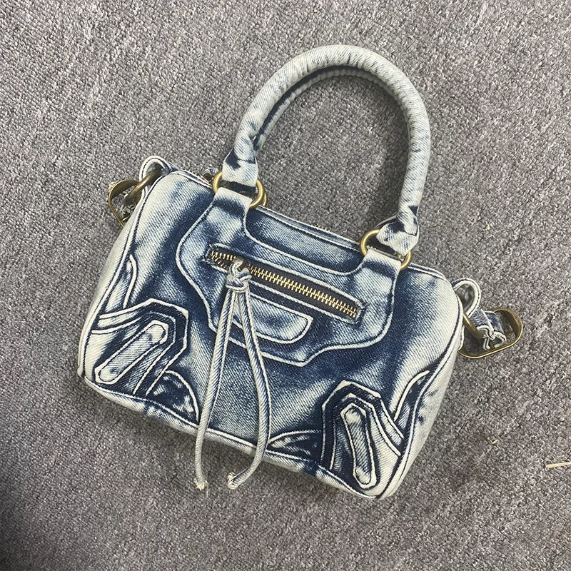 2025 new bag for women high-end denim motorcycle bag tassel rivets fashionable wash water canvas women's bag