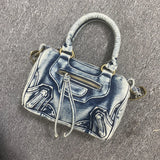 2025 new bag for women high-end denim motorcycle bag tassel rivets fashionable wash water canvas women's bag