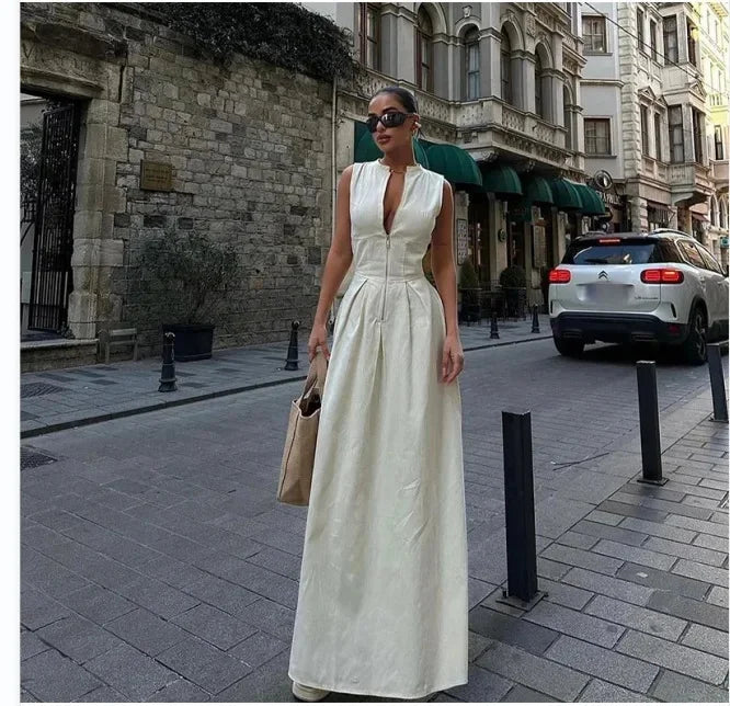 Women's Dress Sleeveless V-Neck Casual Waist-Fitted Zipper
