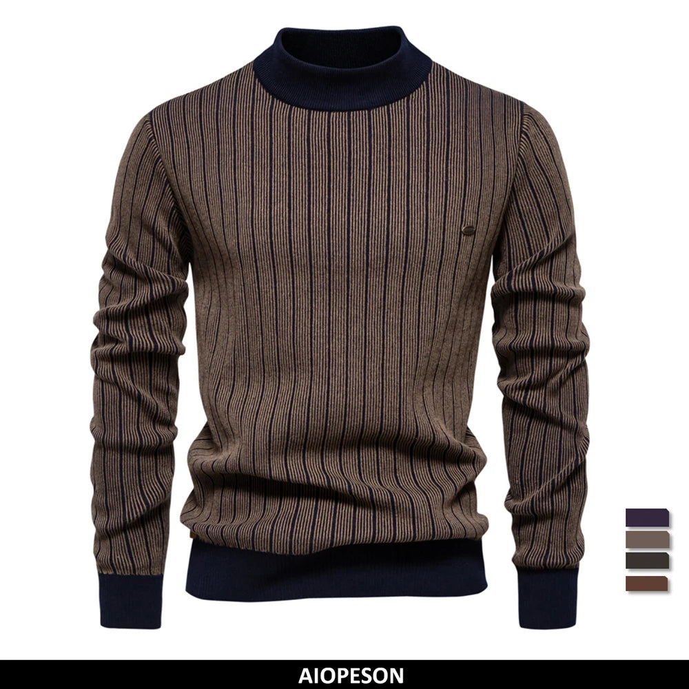 AIOPESON New Design Mens Mock Neck Cotton Pullover Sweaters Autumn Winter Warm Stripped Sweater for Men